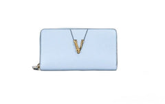 Versace Grainy Leather Gold Monogram Zip Around Clutch Wallet 'Cornflower Blue'